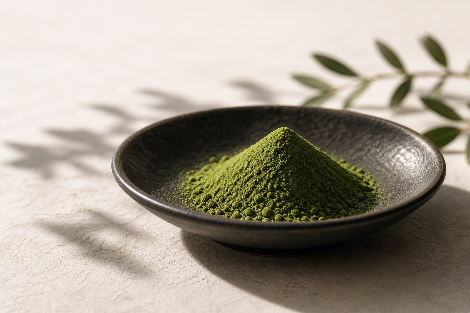 Matcha powder in a dark ceramic bowl
